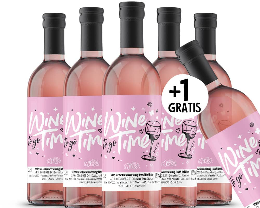 Mina Rosé Piccolo "Wine Time togo" – spritziger Roséwein in handlicher Größe - Einhorn Mina 5er Set +1 gratis Wein